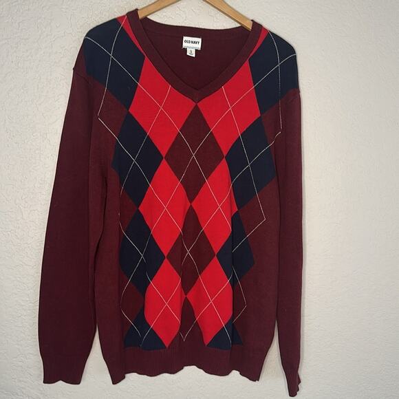 Old Navy Burgundy Red Argyle Sweater V Neck Golf Caddyshack Preppy Gilmore XL - Picture 1 of 7